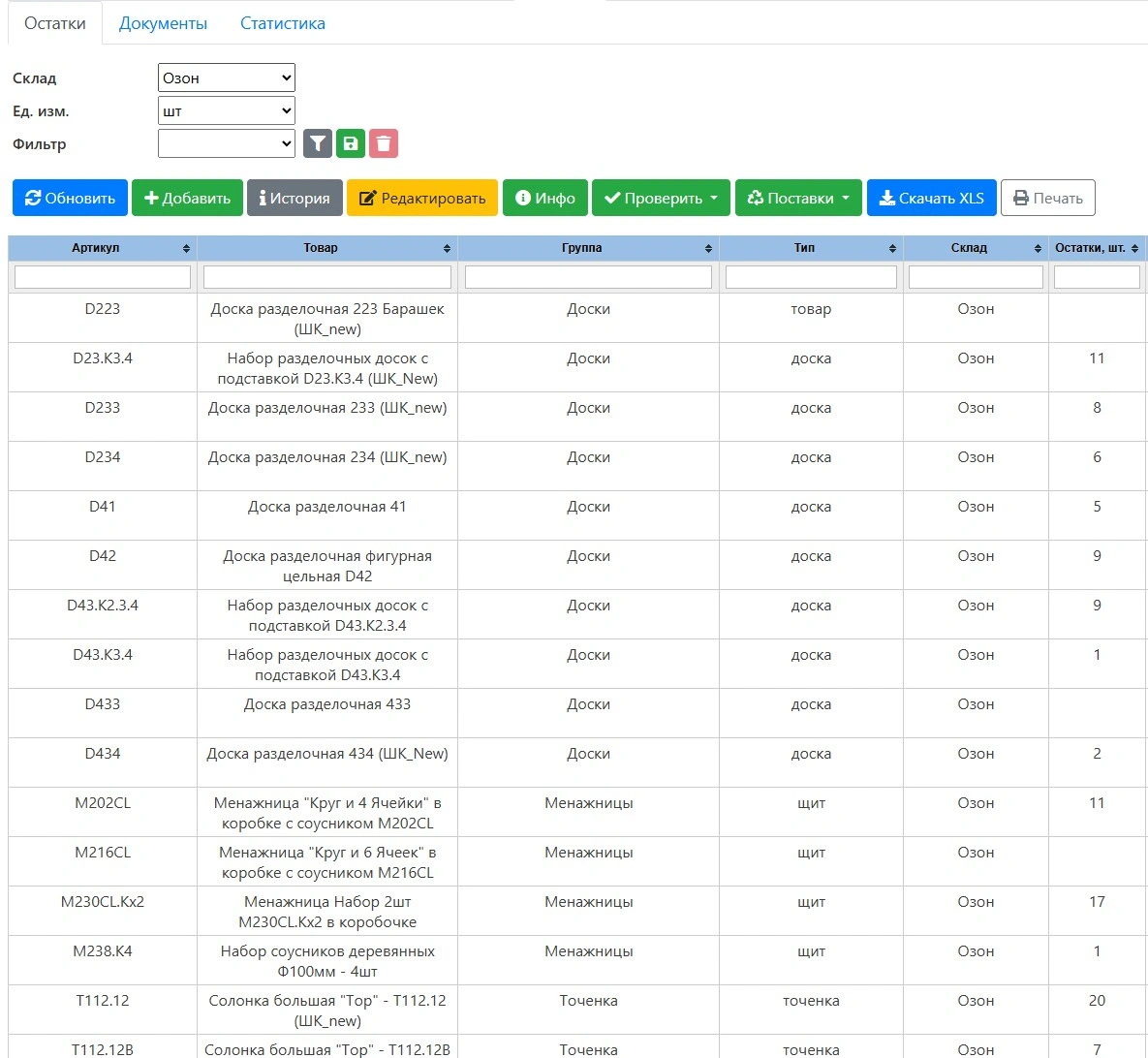 Интерфейс складского учета M101-ERP